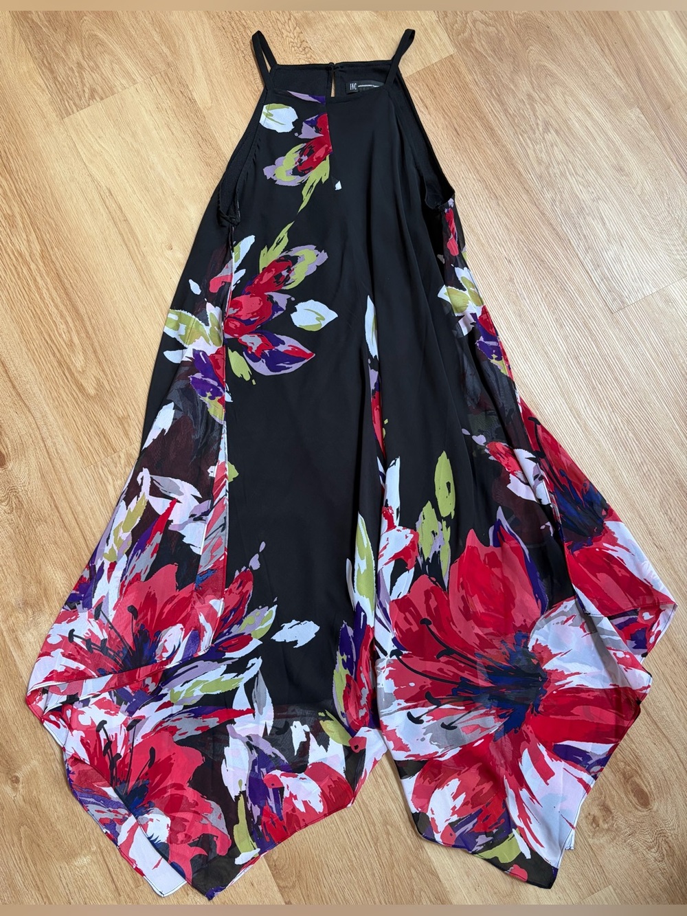 INC International Concepts Dress Black Red Floral Handkerchief Midi Halter 12